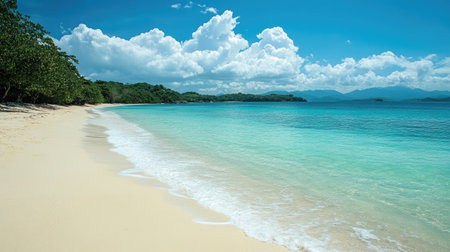 A stunning view of a tranquil tropical beach featuring soft white sand, clear blue water, and a backdrop of fluffy clouds under a sunny sky, ideal for relaxation.の素材