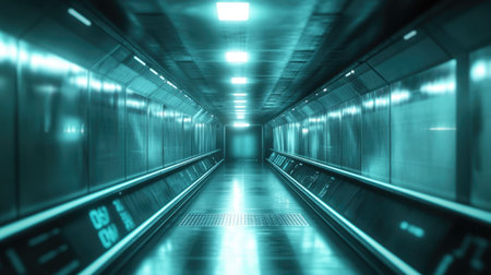 A mesmerizing view of an empty futuristic tunnel, illuminated by soft neon lights, creating an atmosphere of modernity and isolation in a sleek architectural space.の素材
