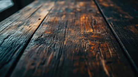 A close-up view of a rustic wooden table surface highlighting rich textures, warm tones, and intricate grain patterns, ideal for various design projects or photography.の素材