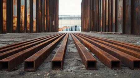 A perspective view of rusty steel bars arranged in a warehouse setting, highlighting the textures and industrial environment suitable for construction themes.の素材