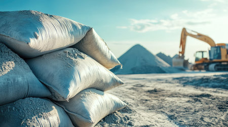 A stack of bags filled with construction material stands prominently on a construction site, while heavy machinery prepares the terrain under a clear blue sky.の素材
