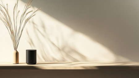 A serene and modern interior setting featuring a black speaker alongside a stylish vase with dried grass, casting gentle shadows on a bright wall. Ideal for minimalism and decor themes.の素材