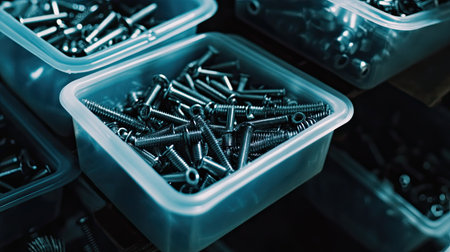 This image showcases various metal screws neatly arranged in transparent storage containers, perfect for showcasing organization in a workshop setting.の素材