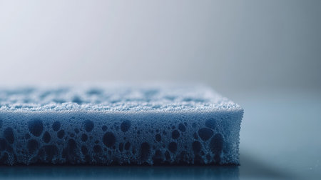 Detailed close-up image of a blue cleaning sponge showcasing its unique foam texture against a light background, perfect for highlighting cleaning and hygiene themes in home settings.の素材