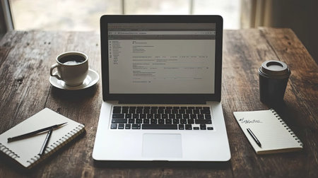 A cozy workspace featuring a laptop, a cup of coffee, notebooks, and a pen on a rustic wooden table, perfect for enhancing creativity and productivity in a home office setting.の素材