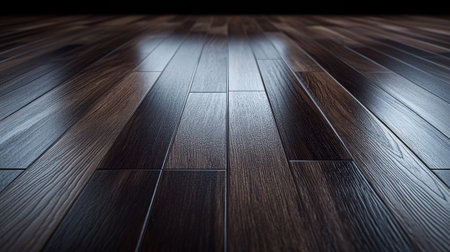 Close-up view of dark wooden flooring showcasing a sleek finish, ideal for interior design projects emphasizing elegance and modern aesthetics in residential spaces.の素材