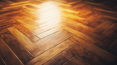 A close-up view of a beautifully designed wooden floor featuring a herringbone pattern. The warm glow of soft lighting highlights the rich textures and elegant sheen, perfect for design inspiration.の素材