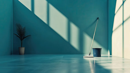 A minimalist cleaning scene showcasing a mop and bucket against a blue wall. The natural light and shadows create a serene ambiance, perfect for promoting cleanliness and organization.の素材