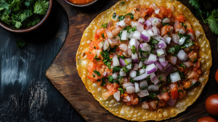 A beautiful arrangement of a crispy tortilla topped with fresh salsa, onions, and herbs, perfect for showcasing vibrant Mexican flavors on a rustic wooden board.の素材