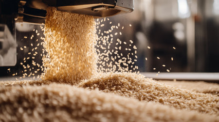 Beautiful close-up image of rice grains pouring from a dispenser, showcasing the delicate texture and earthy tones in a captivating agricultural setting. Perfect for food-related themes.の素材