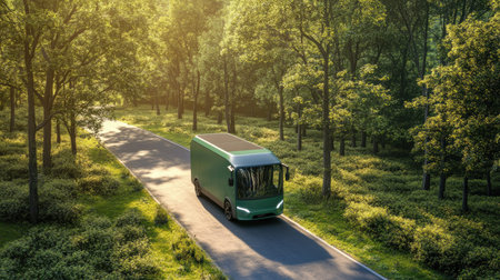A modern electric delivery van travels down a scenic road, surrounded by lush greenery and bright sunlight, showcasing eco-friendly transportation in a tranquil forest setting.の素材