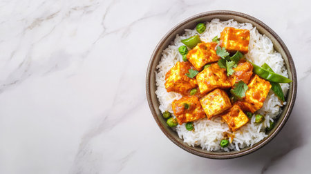 A vibrant bowl featuring tender paneer curry over fluffy rice, adorned with green peas and fresh herbs, showcases a perfect meal for health-conscious food enthusiasts.の素材