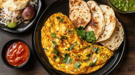 A vibrant Indian-style omelette garnished with fresh herbs, served alongside soft bread and chutney, creating a delectable and inviting breakfast experience.の素材