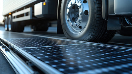 A close-up view of a truck wheel on a solar panel paved roadway, showcasing innovative technology that emphasizes sustainability and clean energy solutions for the future of transportation.の素材