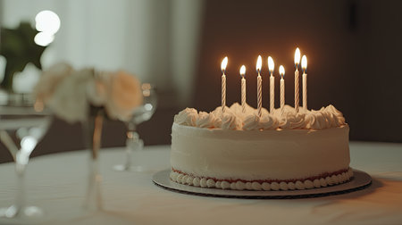A beautifully decorated creamy cake with lit candles is set on a table, surrounded by soft light and elegant floral arrangements, perfect for any celebration.の素材