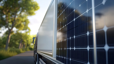 A close-up view of a solar panel on a truck, highlighting sustainable energy solutions while surrounded by a lush, green landscape on a sunny day.の素材