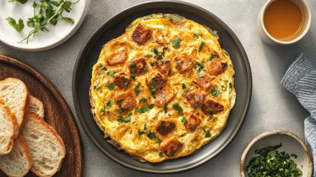 Enjoy a vibrant homemade omelette featuring fresh herbs and a golden crisp crust, perfectly paired with slices of bread and a side of olive oil, ideal for breakfast or brunch.の素材