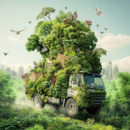 A unique truck enveloped in vibrant greenery travels through an urban landscape, symbolizing the harmonious balance between nature and city life while promoting eco-friendly practices.の素材