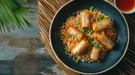 A visually appealing bowl of Asian cuisine, showcasing crispy spring rolls atop colorful stir-fried noodles, garnished with fresh vegetables and herbs, perfect for any meal.の素材