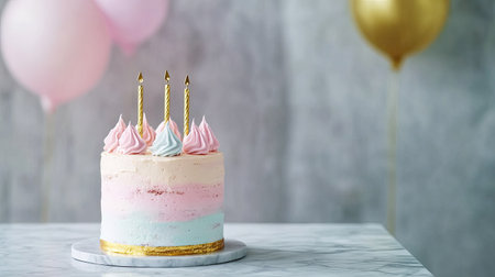 A beautifully designed birthday cake with colorful frosting and candles, ideal for celebrations. Set against a stylish background with lovely balloons, perfect for special moments.の素材