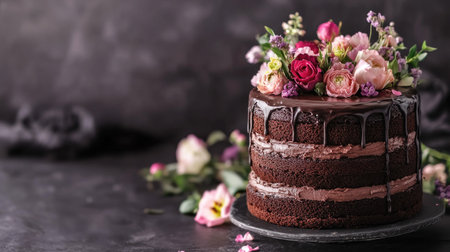 A stunning chocolate cake adorned with vibrant flowers, perfect for celebrations and special events. Rich in flavor and visually captivating, it adds elegance to any occasion.の素材