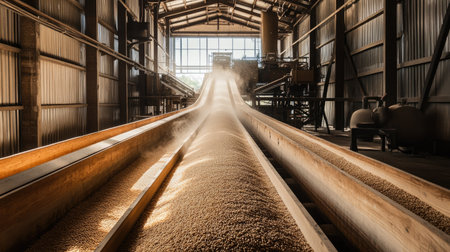 An industrial conveyor system moves grain through a processing facility, highlighting the intricate technology and workflow involved in modern agriculture and food production.の素材