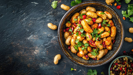 Enjoy a vibrant bowl of spicy roasted peanuts, garnished with fresh herbs and chilies, perfect as a flavorful snack or addition to meals. Ideal for culinary enthusiasts!の素材