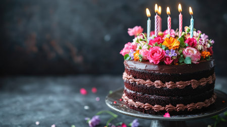 A stunning chocolate cake adorned with fresh flowers and colorful candles, ideal for any celebration. Its rich appearance and delightful design make it perfect for special occasions.の素材