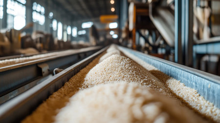 Focused view of grain being transported through an industrial facility, showcasing the details of raw materials and modern machinery in action within a production system.の素材