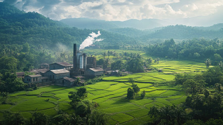 An aerial view captures a rice field bordered by an industrial factory, where smoke rises against a backdrop of lush mountains and dramatic skies, blending nature and industry together.の素材