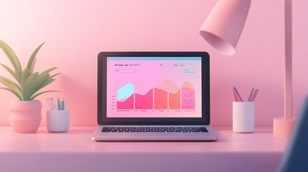 A sleek laptop sits on a pastel desk, displaying vivid graphs and data insights. The aesthetic decor, including plants and stationery, enhances the modern workspace vibe.の素材