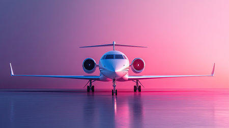 A stunning jet airplane sits gracefully on the tarmac at twilight, reflecting modern aviation's elegance amidst colorful skies, perfect for travel and luxury themes.の素材