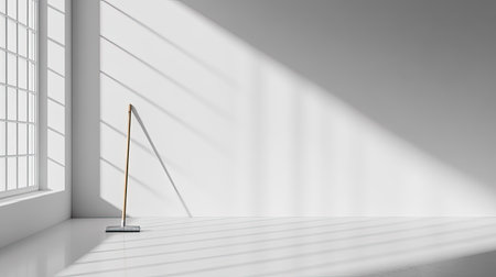 A bright and minimalist indoor space showcasing long shadows created by sunlight, highlighting a sleek floor mop as it stands ready for cleaning and maintenance tasks.の素材