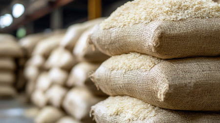 A close-up view of neatly stacked burlap sacks filled with raw rice in a warehouse setting, highlighting the grain's texture and showcasing agricultural storage practices.の素材