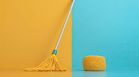 This image features a yellow mop beside a textured bucket on a contrasting blue background, ideal for illustrating themes of cleanliness and modern home care.の素材