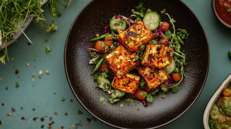 A beautifully arranged dish featuring grilled paneer served atop a fresh salad with colorful vegetables, showcasing a healthy and appetizing meal ideal for culinary enthusiasts.の素材
