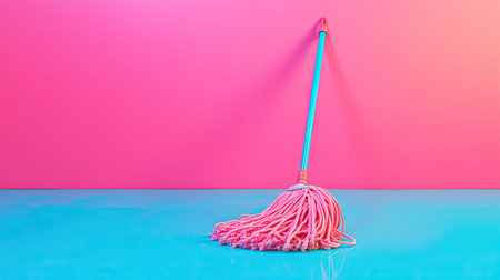 A colorful mop rests on a glossy surface, set against a bright pink and blue backdrop, ideal for themes related to cleaning, home improvement, and interior design.の素材