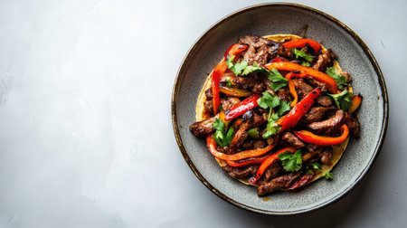 A vibrant plate of beef fajitas featuring sautの素材