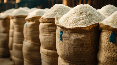 This image captures neatly stacked jute sacks filled with freshly harvested white rice in an agricultural warehouse, highlighting the abundance of this staple food.の素材