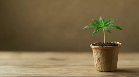 Delicate young plant emerges from rich soil in an eco-friendly pot, symbolizing growth and sustainability, set on a wooden surface with soft natural light.の素材