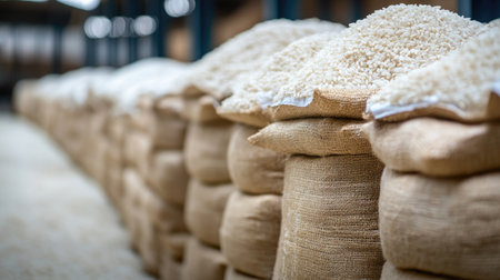 This image captures a row of burlap bags filled with white rice in a storage facility, highlighting the texture and practical use of agricultural products.の素材
