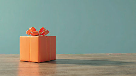 A bright orange gift box adorned with a creative bow sits elegantly on a wooden table, set against a calming blue background, ideal for showcasing joy and celebration.の素材