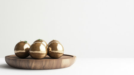 Four glossy decorative spheres sit elegantly on a wooden tray, creating a modern and minimalistic home decor piece that enhances any interior space's aesthetic appeal.の素材