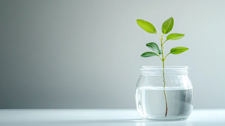 A vibrant green plant stands upright in a clear jar filled with water, showcasing growth and vitality against a soothing backdrop, perfect for eco-friendly themes and modern decor.の素材