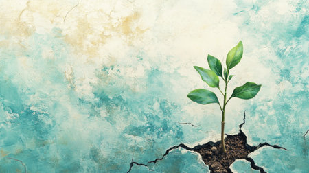 A vibrant green plant emerges from cracked soil against a soft blue background, showcasing nature's beauty and the power of resilience in challenging environments.の素材