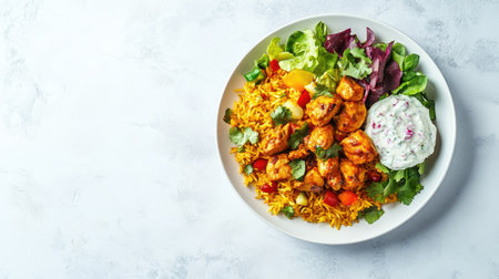 A vibrant and appetizing plate featuring spiced grilled chicken, colorful salad mix, and creamy yogurt dressing, perfect for a delightful healthy meal.の素材