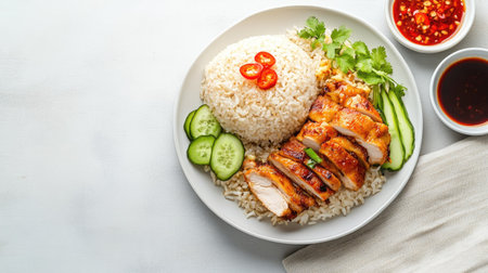 Enjoy a gourmet meal featuring succulent grilled chicken served alongside fluffy rice and fresh vegetables, complemented by vibrant dipping sauces for an irresistible flavor experience.の素材