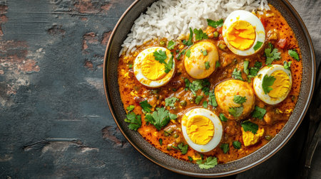 A delicious bowl of egg curry accompanied by fluffy white rice and a sprinkle of fresh cilantro, showcasing an appealing and flavorful culinary masterpiece for any meal.の素材