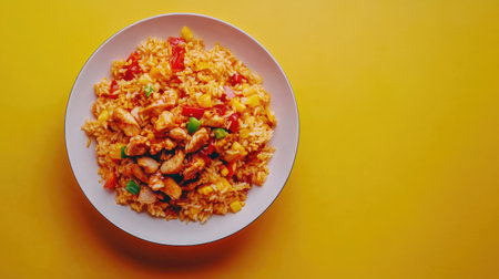 A vibrant plate of fried rice with tender chicken and colorful peppers on a bright yellow background, ideal for food enthusiasts and culinary visuals.の素材