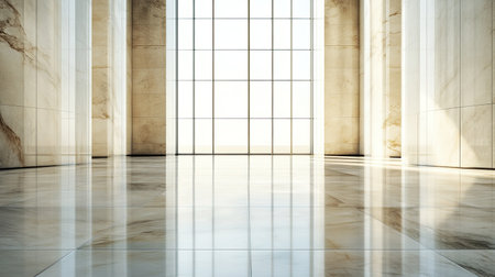 An expansive and serene interior space with large windows and polished marble flooring, ideal for showcasing modern design and architectural concepts.の素材